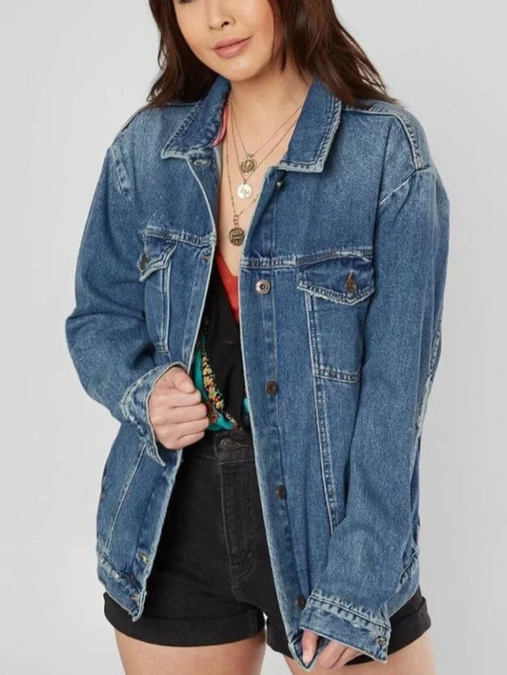 Free People Ramona Trucker Denim Jacket Oversized Jean Boho Utility Medium